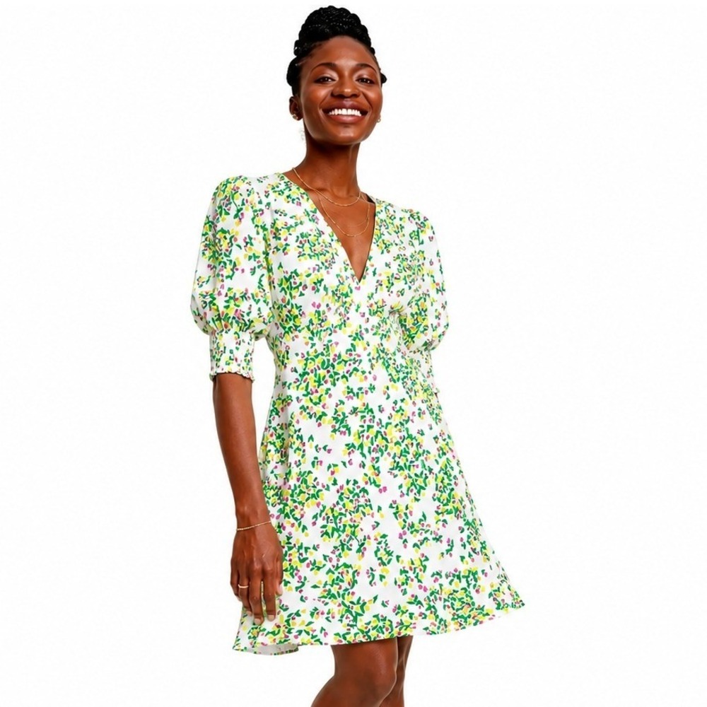 RIXO for Target Floral Tulip Mini Dress White Pink Green Smocked Puff Sleeve 2